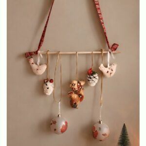 Rustic Christmas Wall Hanging Decoration with handmade Stag, Baubles, birds and pinecones