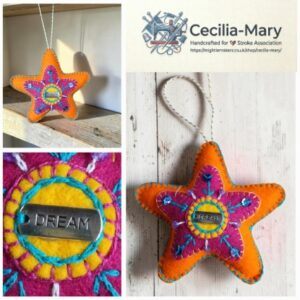 You’re a star! ‘DREAM ‘-A hand embroidered decoration. Express your appreciation and admiration. All proceeds to The Stroke Association.