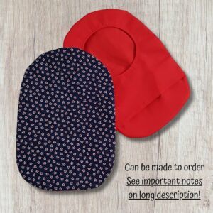 Two handmade stoma bag covers on a wooden background, showing a blue daisy patterned front cover and a bright red reverse cover with an opening, with text saying can be made to order.