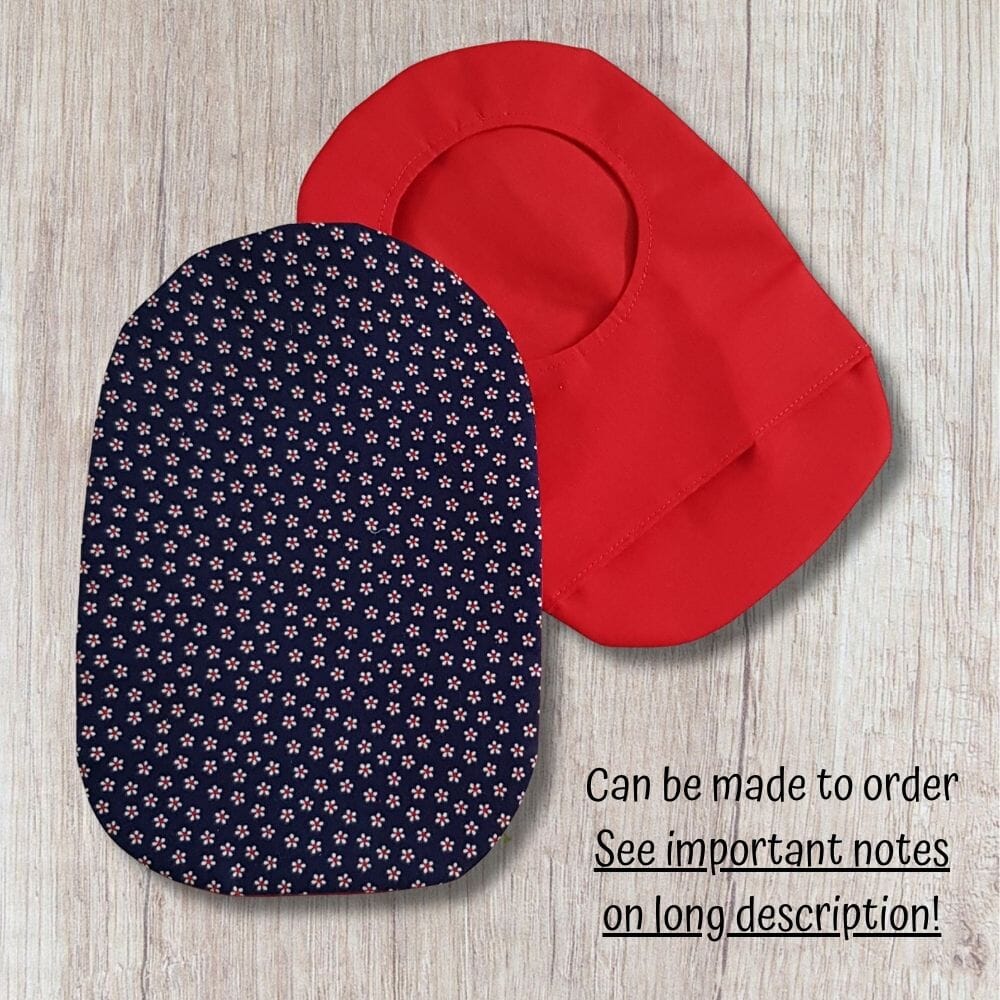 Two handmade stoma bag covers on a wooden background, showing a blue daisy patterned front cover and a bright red reverse cover with an opening, with text saying can be made to order.