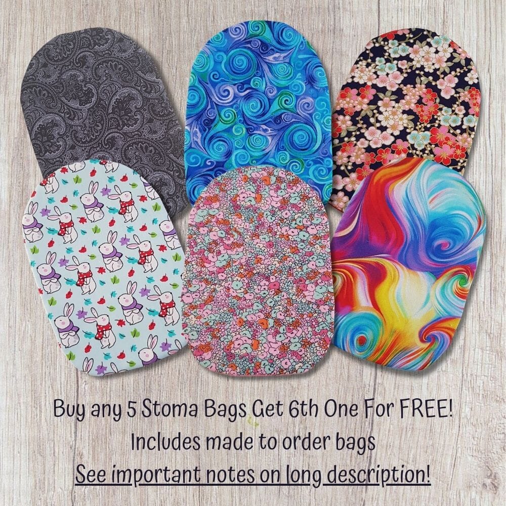 Stoma bag cover bundle image showing six handmade fabric covers in grey paisley, blue swirls, cherry blossom, bunny, pink floral and rainbow marbled designs with buy 5 get 1 free offer text.