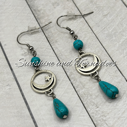 Handmade Turquoise Howlite Moon & Star Earrings | Celestial Gemstone Drop Earrings | Boho Moon Jewellery | Turquoise Statement Earrings | Gift for Her - Image 6
