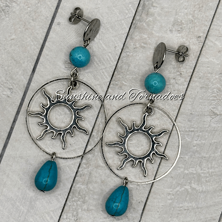 Handmade Turquoise Howlite Sun Earrings | Boho Gemstone Drop Earrings | Celestial Sun Jewellery | Silver Statement Earrings | Festival Gift for Her - Image 8