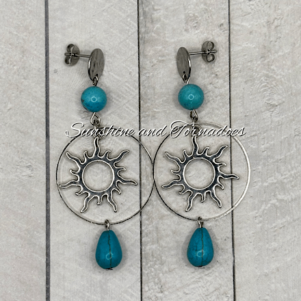 Handmade Turquoise Howlite Sun Earrings | Boho Gemstone Drop Earrings | Celestial Sun Jewellery | Silver Statement Earrings | Festival Gift for Her - Image 7