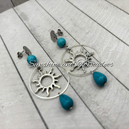Handmade Turquoise Howlite Sun Earrings | Boho Gemstone Drop Earrings | Celestial Sun Jewellery | Silver Statement Earrings | Festival Gift for Her - Image 5