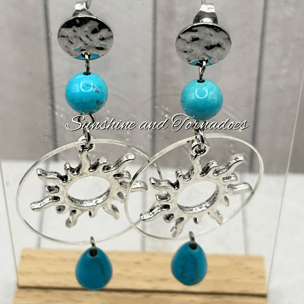 Handmade Turquoise Howlite Sun Earrings | Boho Gemstone Drop Earrings | Celestial Sun Jewellery | Silver Statement Earrings | Festival Gift for Her - Image 4