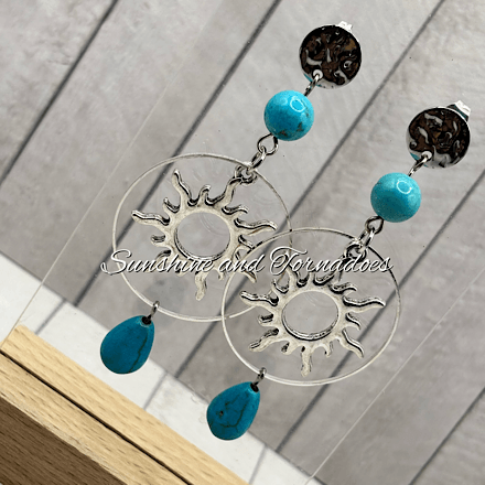 Handmade Turquoise Howlite Sun Earrings | Boho Gemstone Drop Earrings | Celestial Sun Jewellery | Silver Statement Earrings | Festival Gift for Her - Image 3