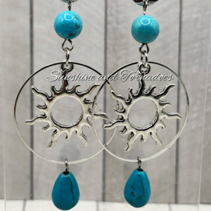 Handmade Turquoise Howlite Sun Earrings | Boho Gemstone Drop Earrings | Celestial Sun Jewellery | Silver Statement Earrings | Festival Gift for Her