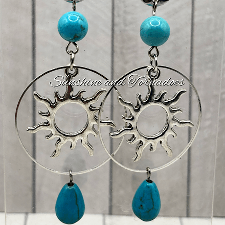 Handmade Turquoise Howlite Sun Earrings | Boho Gemstone Drop Earrings | Celestial Sun Jewellery | Silver Statement Earrings | Festival Gift for Her - Image 2