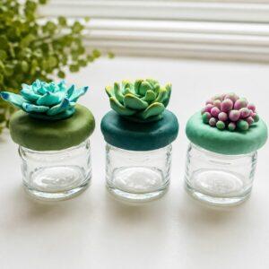 Handmade Succulent Trinket Pot – Polymer Clay Keepsake Jar with Positivity Scroll – Recycled Glass Gift – Jewellery & Tiny Treasure Pot