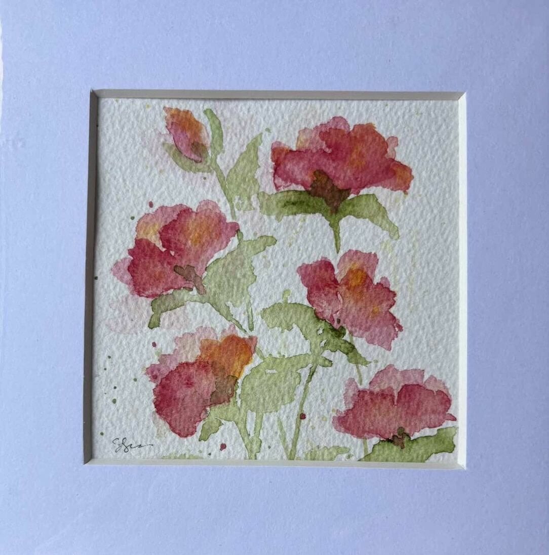 Exquisite Original Watercolour Flowers in 15cm Square Mount