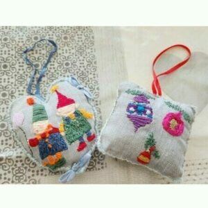 Set of 2 Hand Embroidered Christmas Tree Decorations, cheeky elves and baubles designs