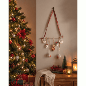 Rustic Christmas Wall Hanging Decoration with handmade Stag, Baubles, birds and pinecones