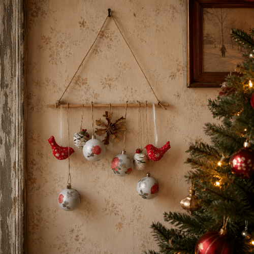 Rustic Christmas Birds and Baubles Wall Hanging Decoration