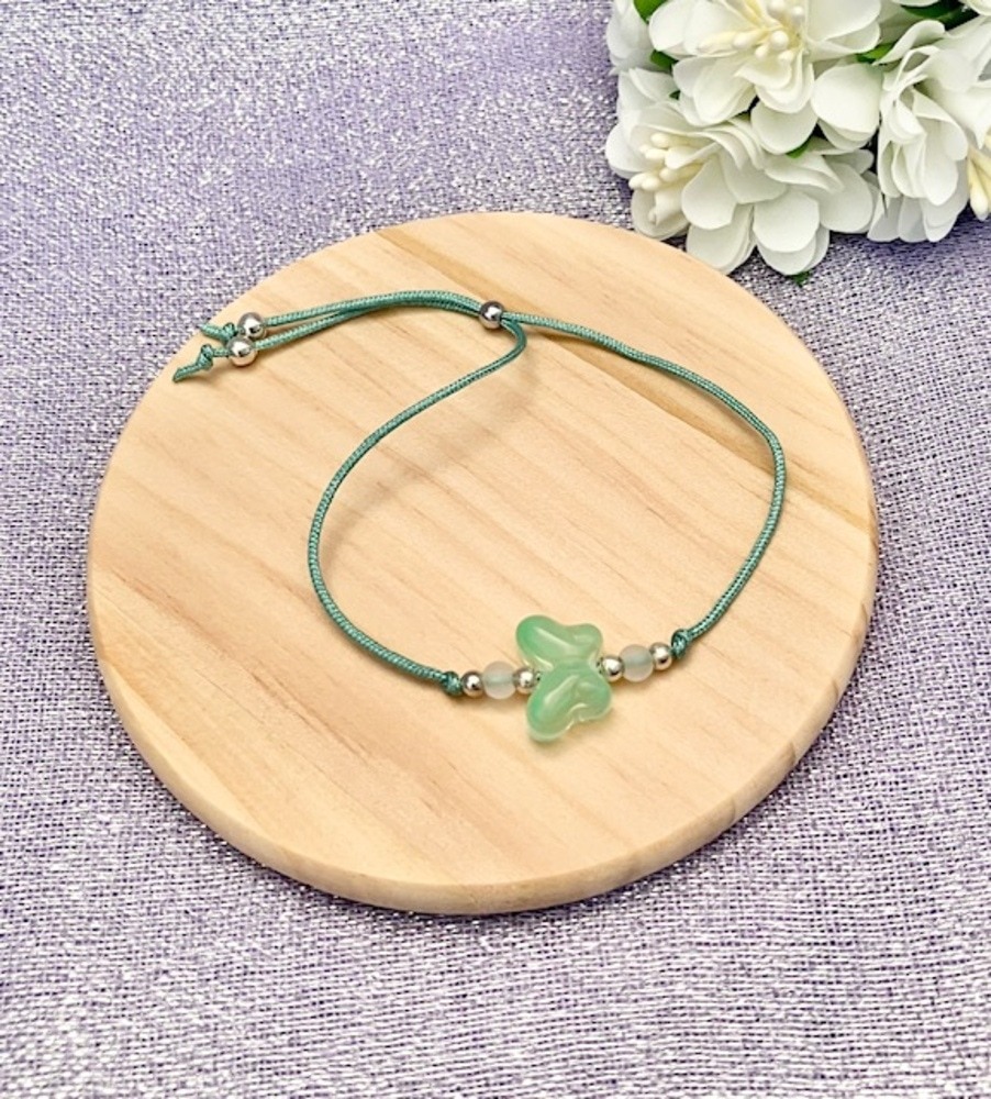 Pale Green Lampwork Butterfly Adjustable Cord Bracelet