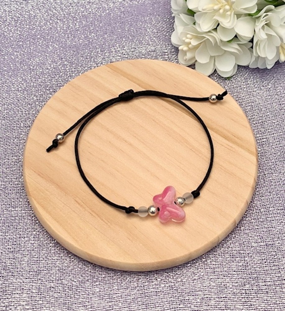 Pink Lampwork Butterfly Adjustable Cord Bracelet