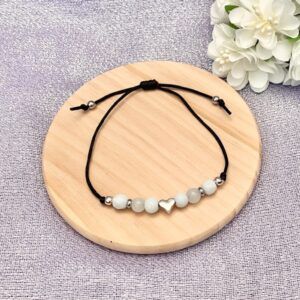 White Beads and Silver Heart Adjustable Cord Bracelet