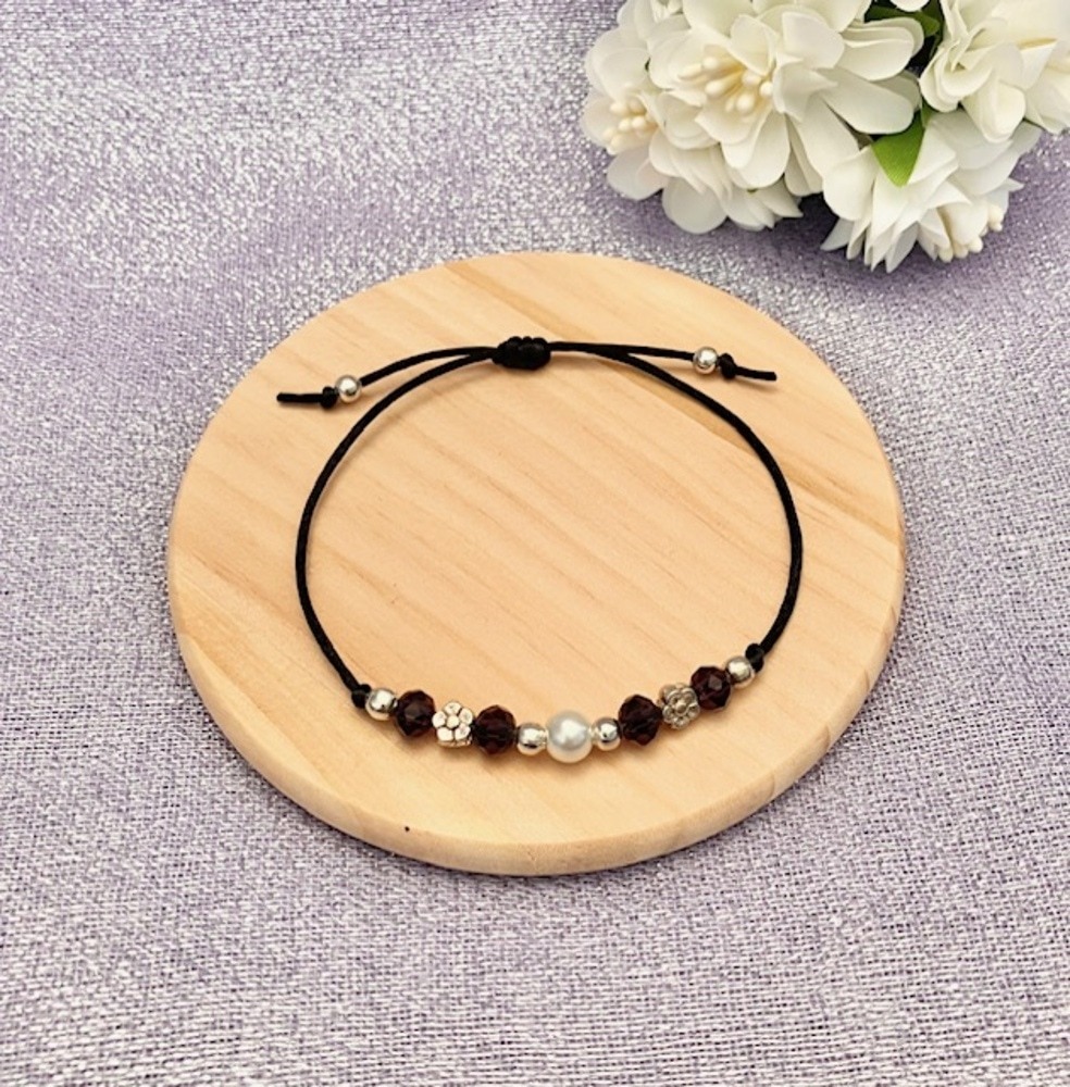 Purple Crystal Bead and Silver Flower Adjustable Cord Bracelet